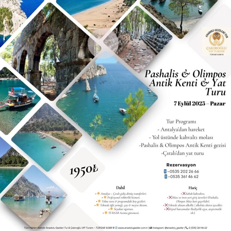 📌 Hizmetler Dahil Olanlar • 🌟 Antalya – Çıralı gidiş-dönüş transferleri. • 🌟 Profesyonel rehberlik hizmeti. • 🌟 Tekne turu & programdaki koy gezileri. • 🌟 Teknede öğle yemeği, çay & meyve ikr